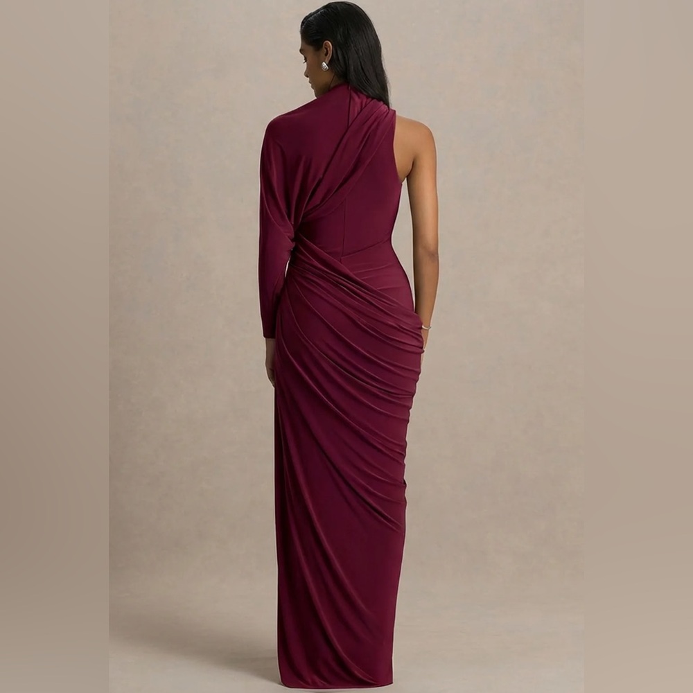 Elegant One-Shoulder Burgundy Evening Dress - Picture 3 of 7